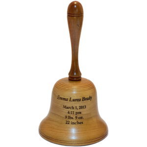 Warther Woodworking wood nursery bell with birth statistics engraved