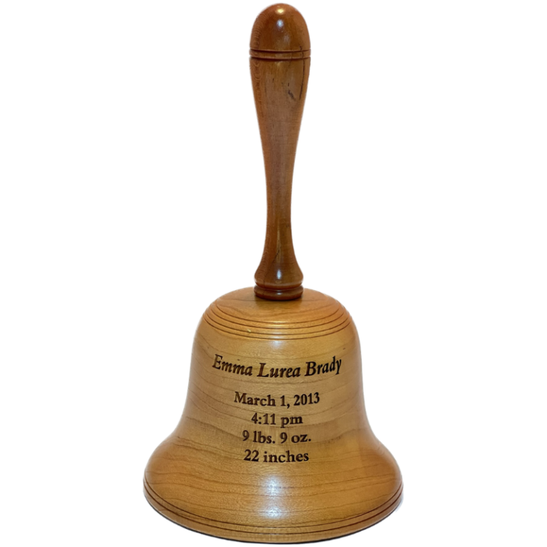 Warther Woodworking wood nursery bell with birth statistics engraved